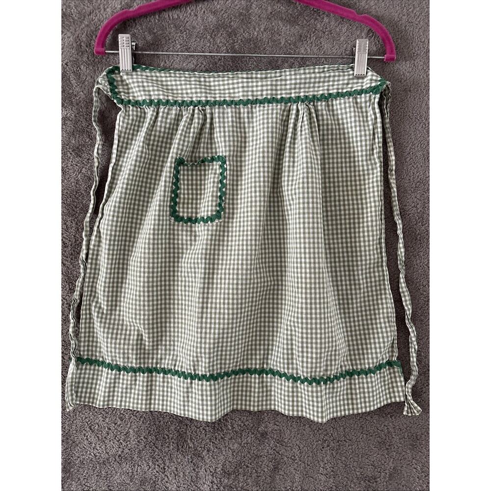 Vintage Hostess Half Apron Green Gingham Rick Rack Trim 1950 Handmade Pocket MCM